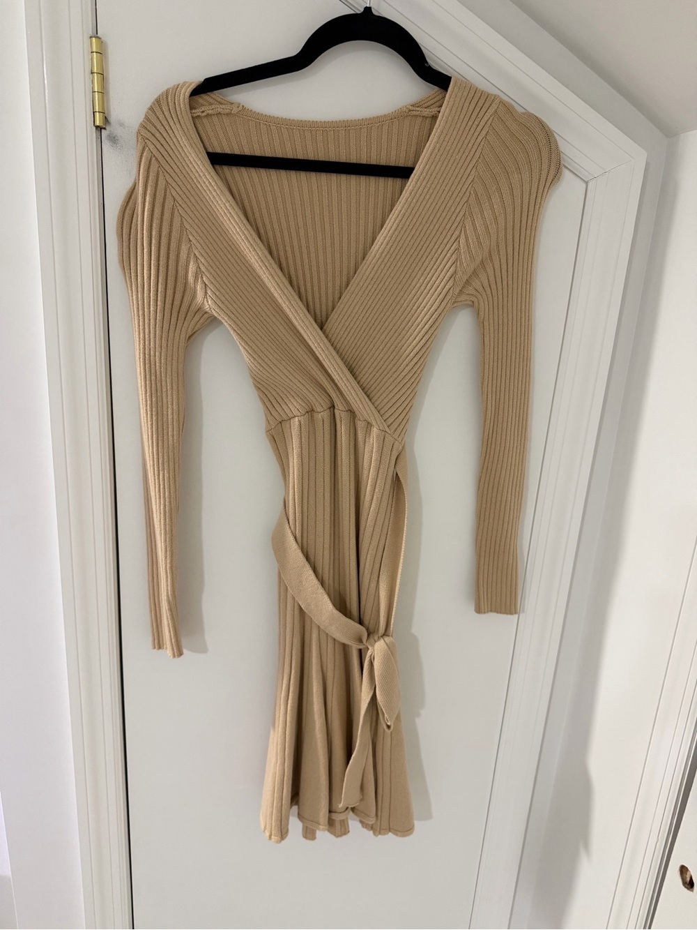 Beige Ribbed Wrap Dress with Tie Waist